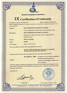 证书：欧盟CE认证，产品：中孚能WISDOM品牌 KL5M有绳矿灯