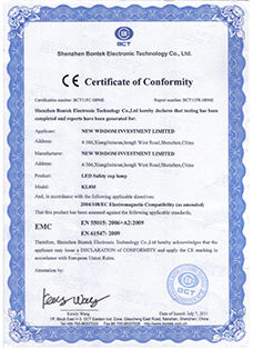 证书：欧盟CE认证，产品：中孚能WISDOM品牌 KL8M有绳矿灯