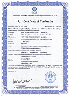 证书：欧盟CE认证，产品：中孚能WISDOM品牌 Cordless 2A、2B、2C、2D多用途头灯
