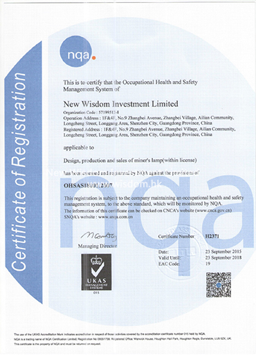 WISDOM OHSAS18001 occupation health and safety management system certificate