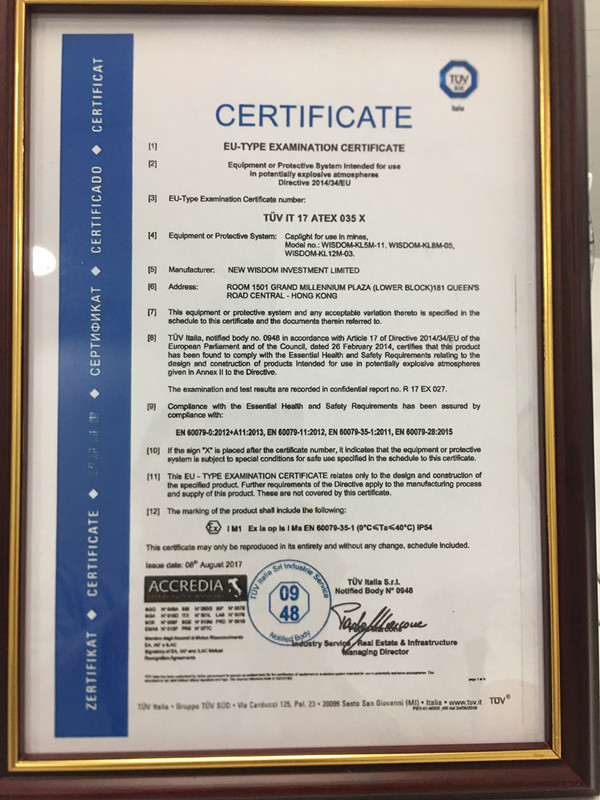 ATEX M1 certificate